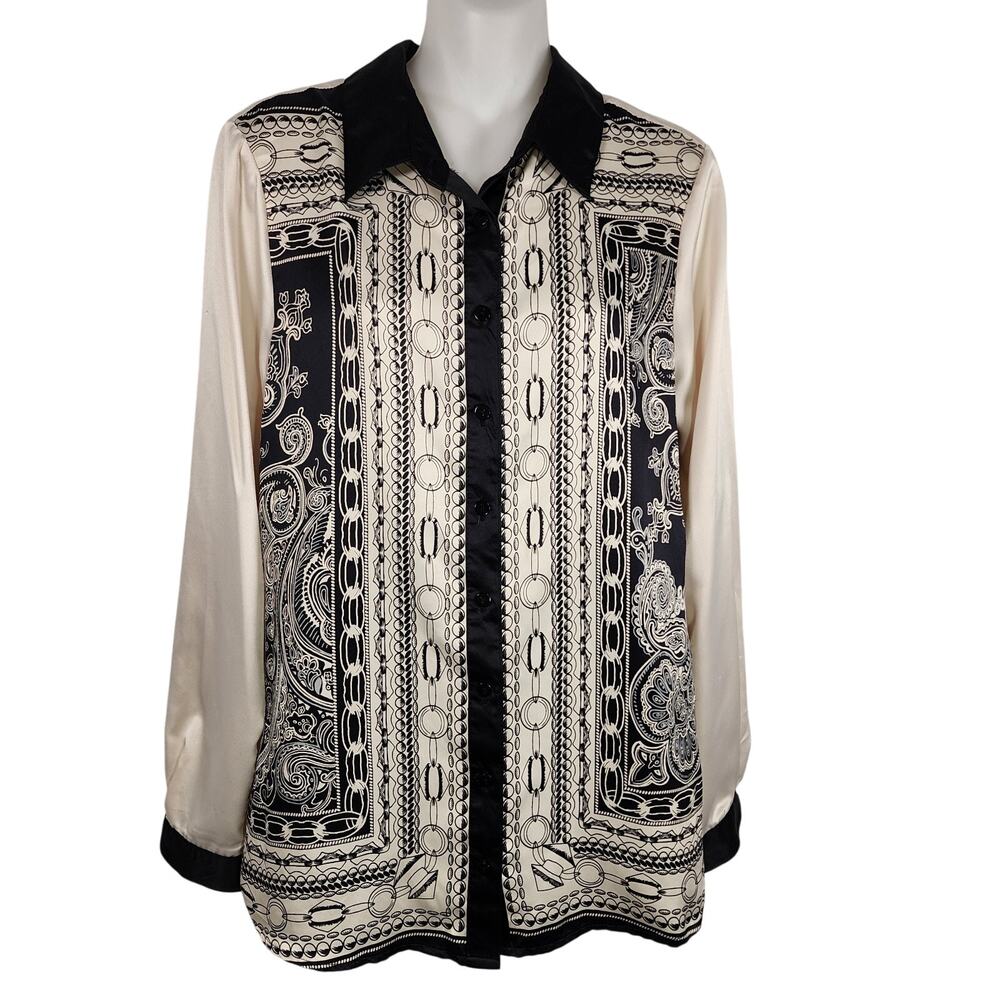 NY Collection Womens Shirt Medium Button Long Sleeve Chain Link Paisley Satin